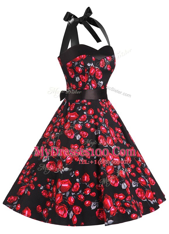 Colorful Red And Black Chiffon Zipper Halter Top Sleeveless Knee Length Evening Dress Sashes ribbons and Pattern