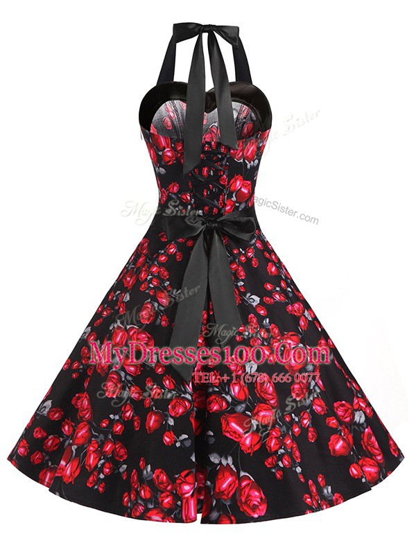 Colorful Red And Black Chiffon Zipper Halter Top Sleeveless Knee Length Evening Dress Sashes ribbons and Pattern