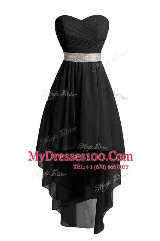 Black Lace Up Sweetheart Belt Prom Party Dress Organza Sleeveless