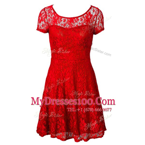 Scoop Red Organza Side Zipper Prom Dresses Short Sleeves Tea Length Lace