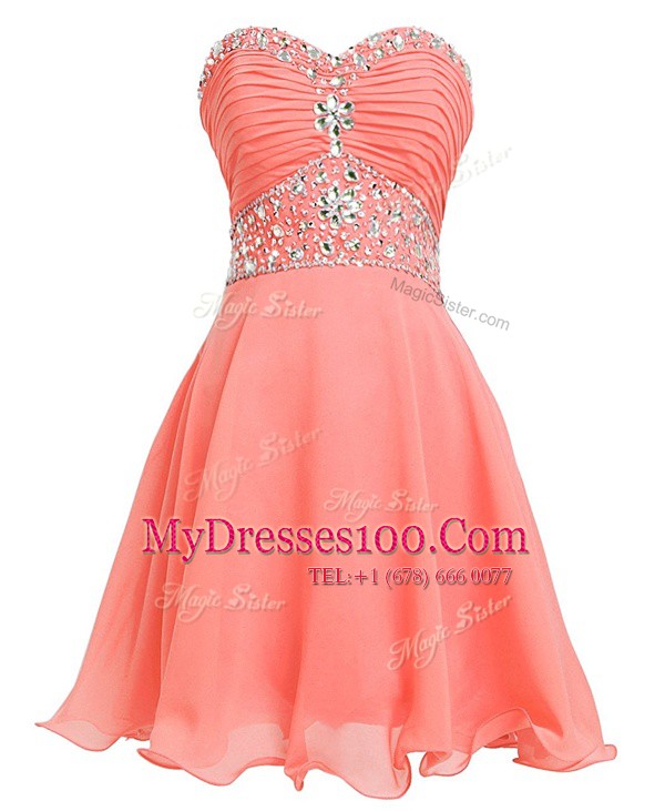 Mini Length Empire Sleeveless Watermelon Red Prom Evening Gown Lace Up