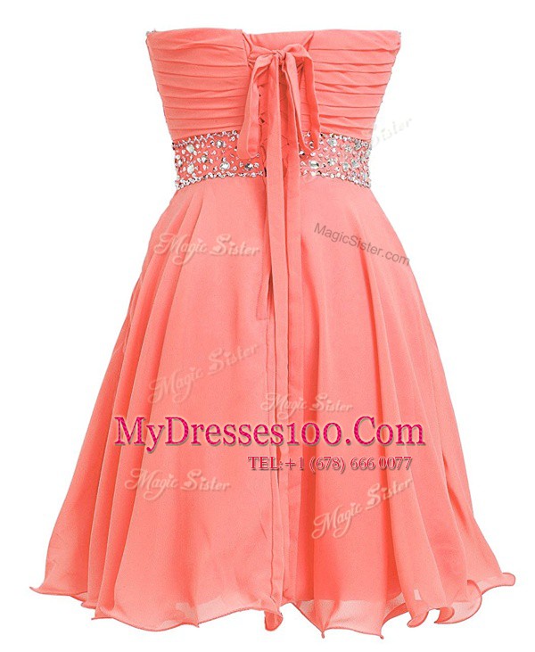 Mini Length Empire Sleeveless Watermelon Red Prom Evening Gown Lace Up