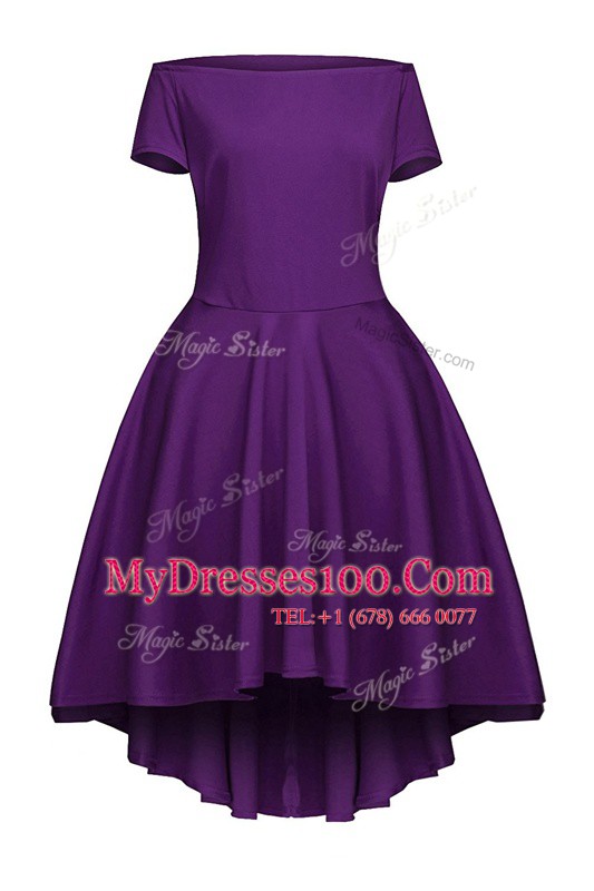 Admirable Bateau Short Sleeves Prom Gown Tea Length Ruching Purple Satin