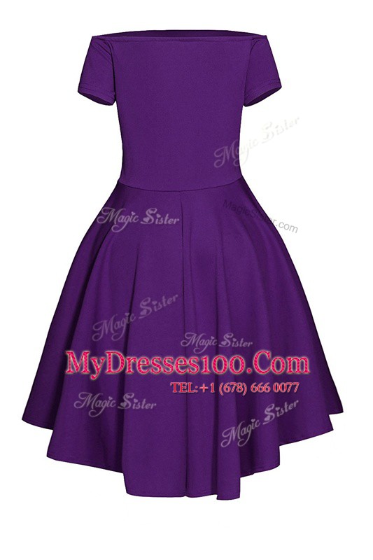 Admirable Bateau Short Sleeves Prom Gown Tea Length Ruching Purple Satin
