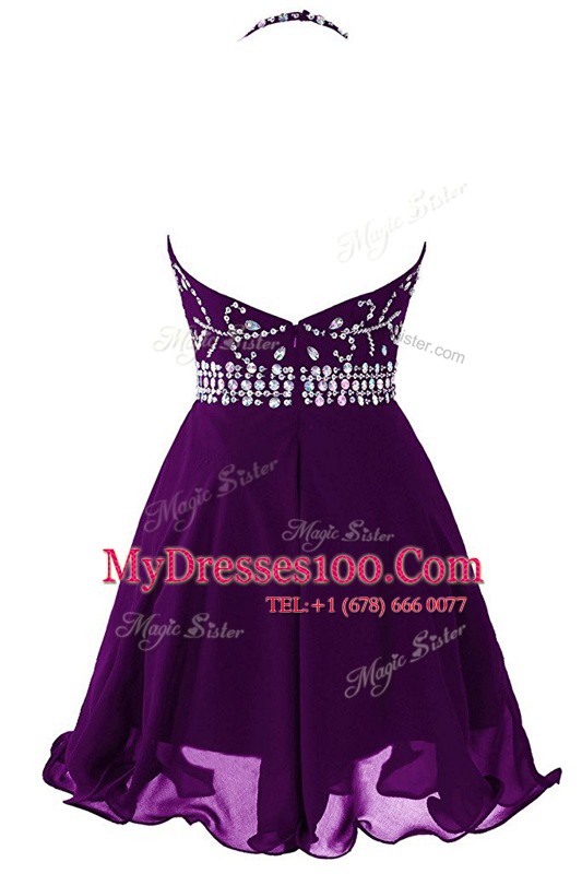 Discount Halter Top Purple Sleeveless Organza Zipper Prom Gown for Prom and Party