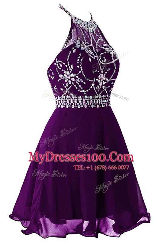 Discount Halter Top Purple Sleeveless Organza Zipper Prom Gown for Prom and Party