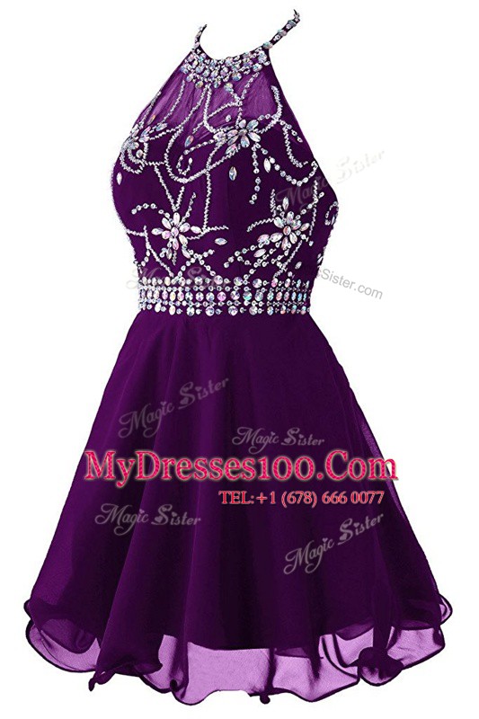 Discount Halter Top Purple Sleeveless Organza Zipper Prom Gown for Prom and Party