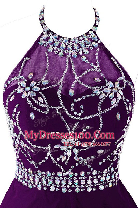 Discount Halter Top Purple Sleeveless Organza Zipper Prom Gown for Prom and Party
