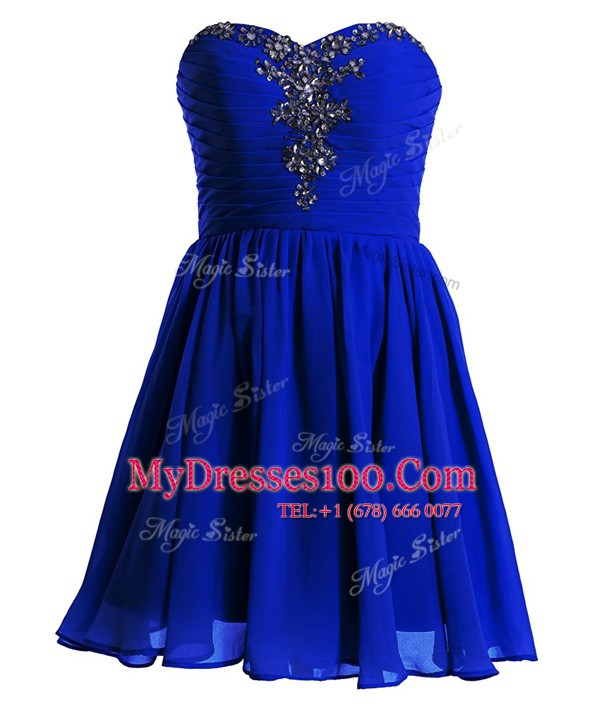 Royal Blue Chiffon Lace Up Sweetheart Sleeveless Mini Length Prom Evening Gown Beading