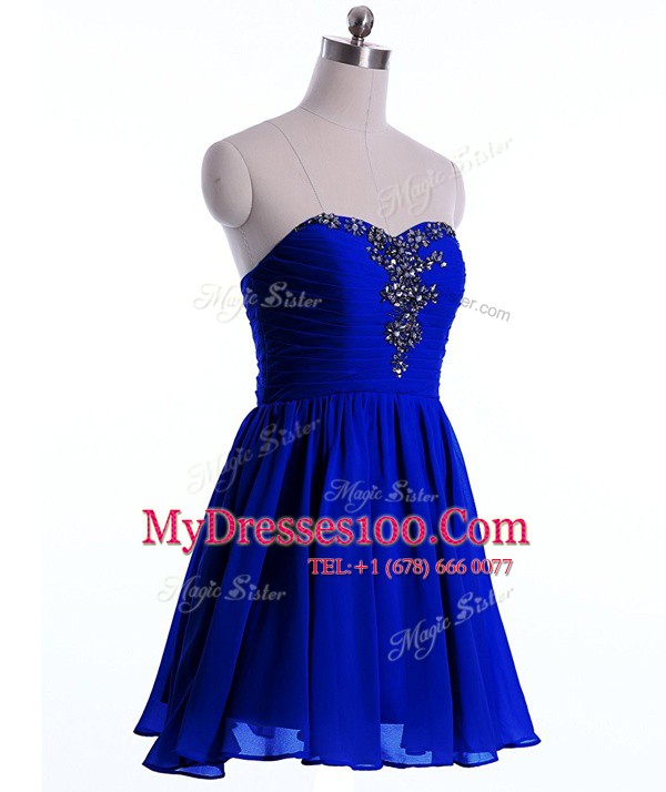 Royal Blue Chiffon Lace Up Sweetheart Sleeveless Mini Length Prom Evening Gown Beading