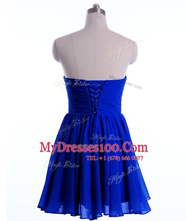 Royal Blue Chiffon Lace Up Sweetheart Sleeveless Mini Length Prom Evening Gown Beading