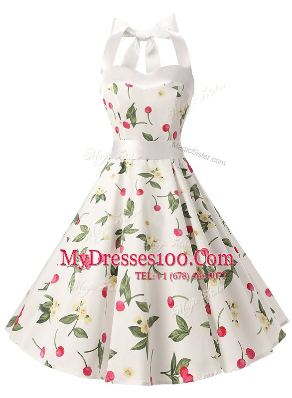 Great White Zipper Halter Top Sashes ribbons and Pattern Prom Gown Chiffon Sleeveless