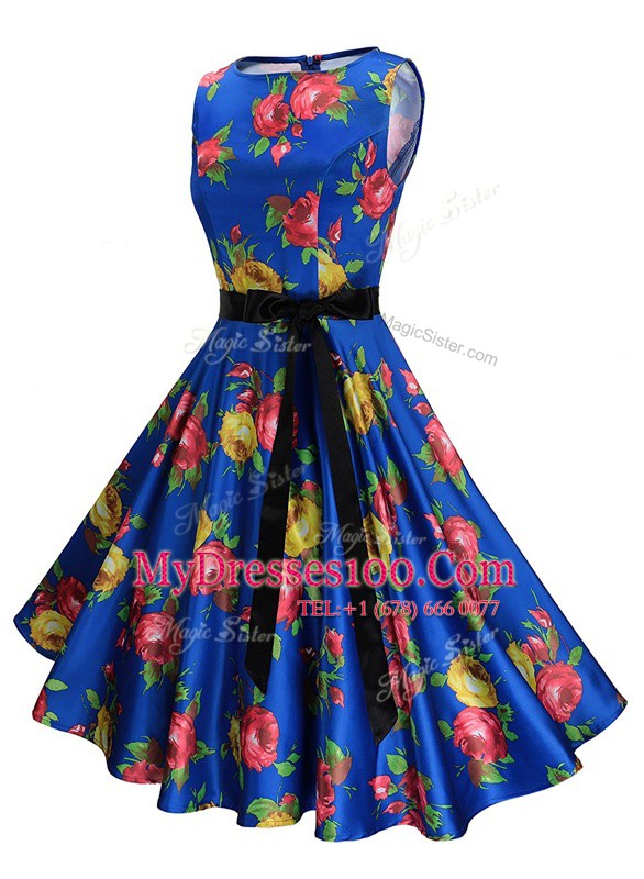Scoop Chiffon Sleeveless Knee Length Prom Party Dress and Sashes ribbons and Pattern