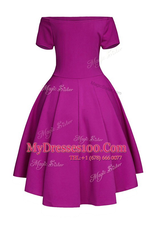Luxurious Fuchsia Prom Evening Gown Prom and Party and For with Ruching Bateau Short Sleeves Side Zipper