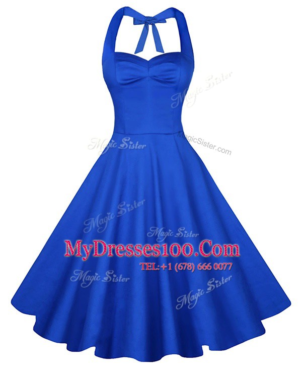 Blue A-line Satin Sweetheart Sleeveless Ruching Knee Length Backless Dress for Prom