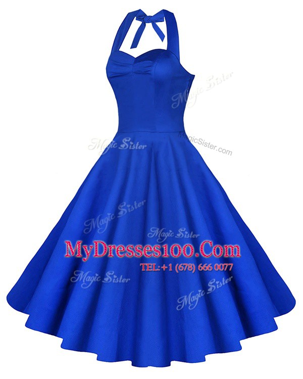 Blue A-line Satin Sweetheart Sleeveless Ruching Knee Length Backless Dress for Prom