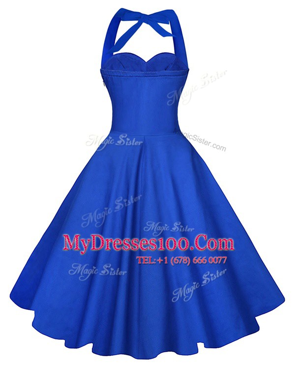 Blue A-line Satin Sweetheart Sleeveless Ruching Knee Length Backless Dress for Prom