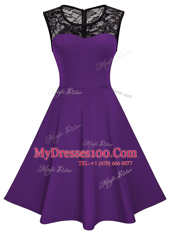 Admirable Scoop Purple Sleeveless Lace Knee Length Dress for Prom