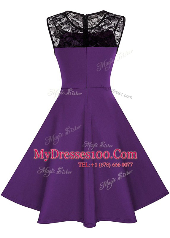 Admirable Scoop Purple Sleeveless Lace Knee Length Dress for Prom