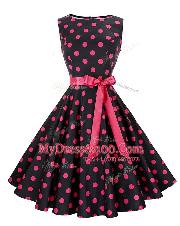 Scoop Red And Black A-line Sashes ribbons and Pattern Evening Dress Zipper Chiffon Sleeveless Knee Length