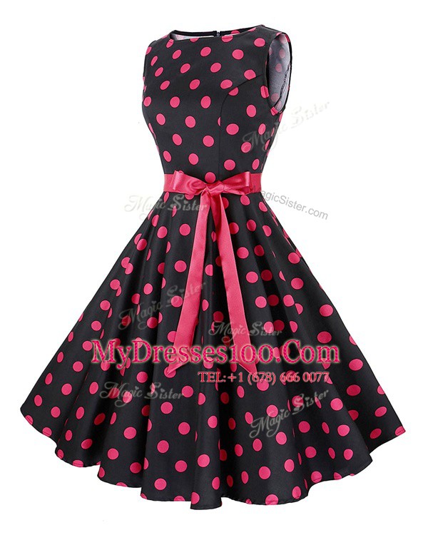 Scoop Red And Black A-line Sashes ribbons and Pattern Evening Dress Zipper Chiffon Sleeveless Knee Length
