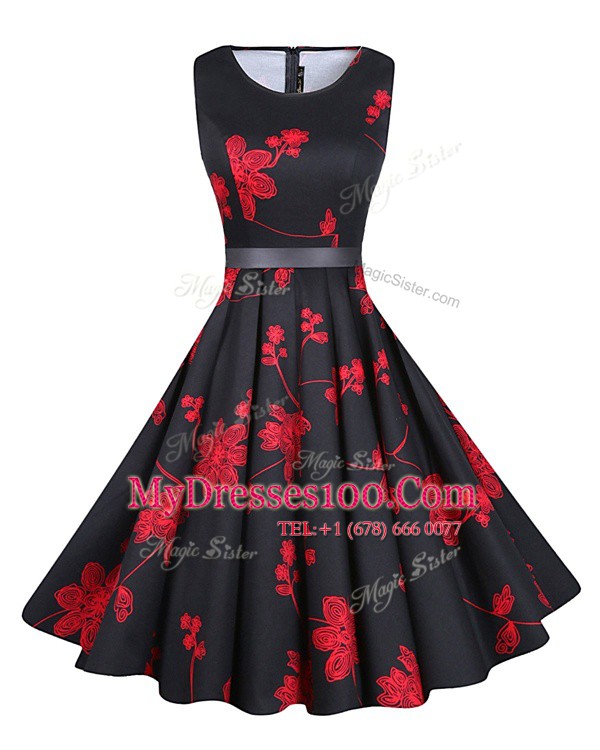 Scoop Knee Length Red And Black Dress for Prom Chiffon Sleeveless Sashes ribbons and Pattern
