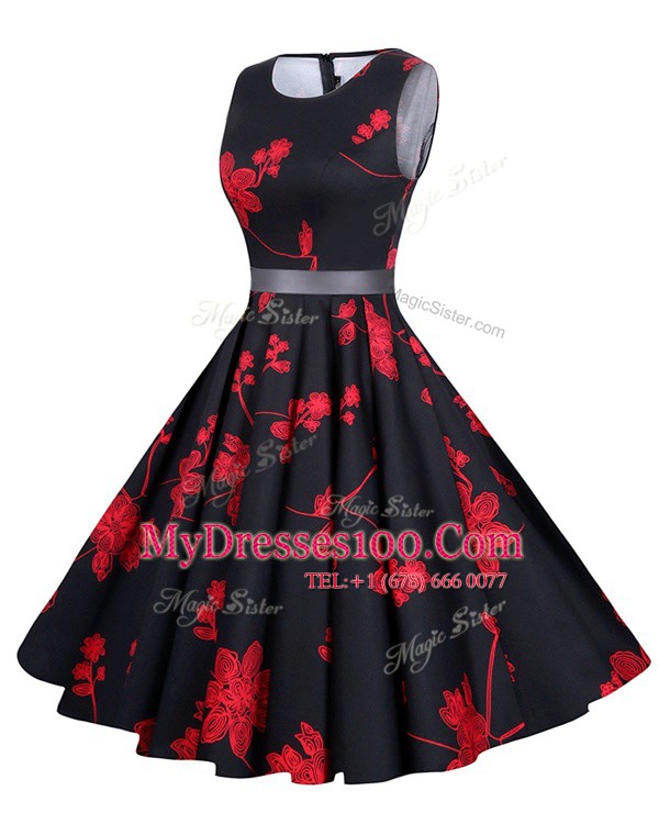 Scoop Knee Length Red And Black Dress for Prom Chiffon Sleeveless Sashes ribbons and Pattern