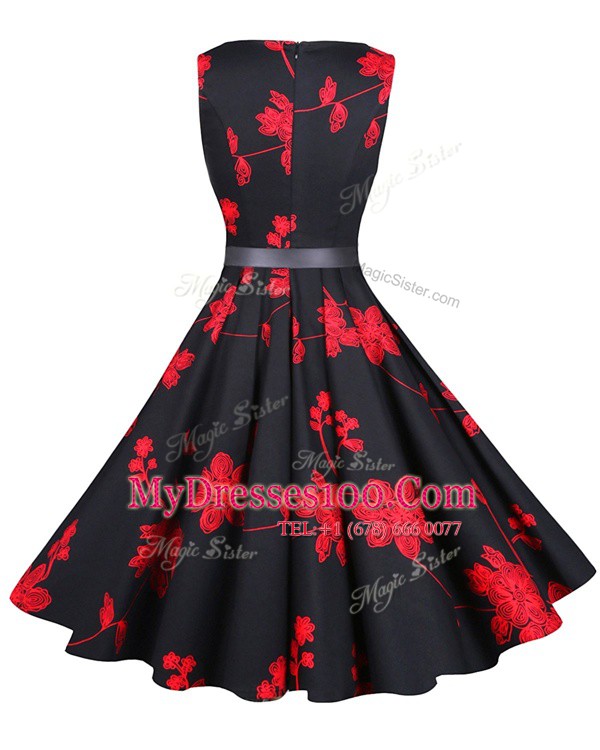 Scoop Knee Length Red And Black Dress for Prom Chiffon Sleeveless Sashes ribbons and Pattern