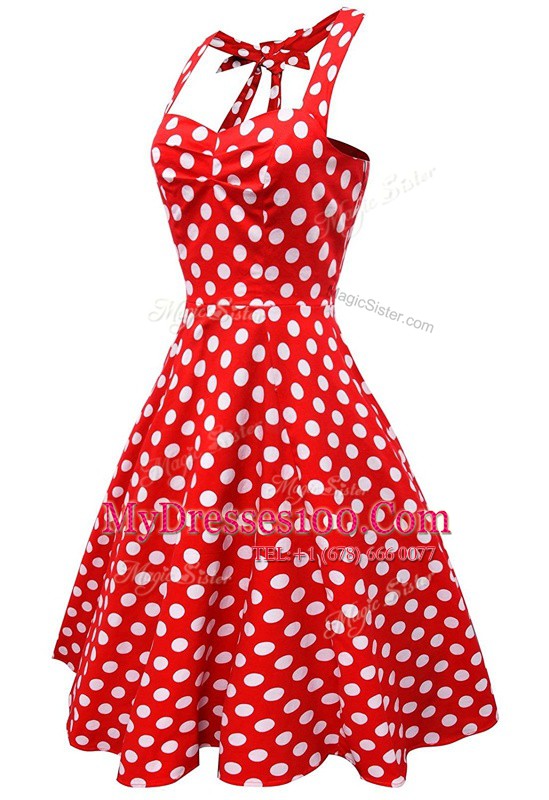 White And Red Backless Scoop Pattern Evening Dress Satin Sleeveless