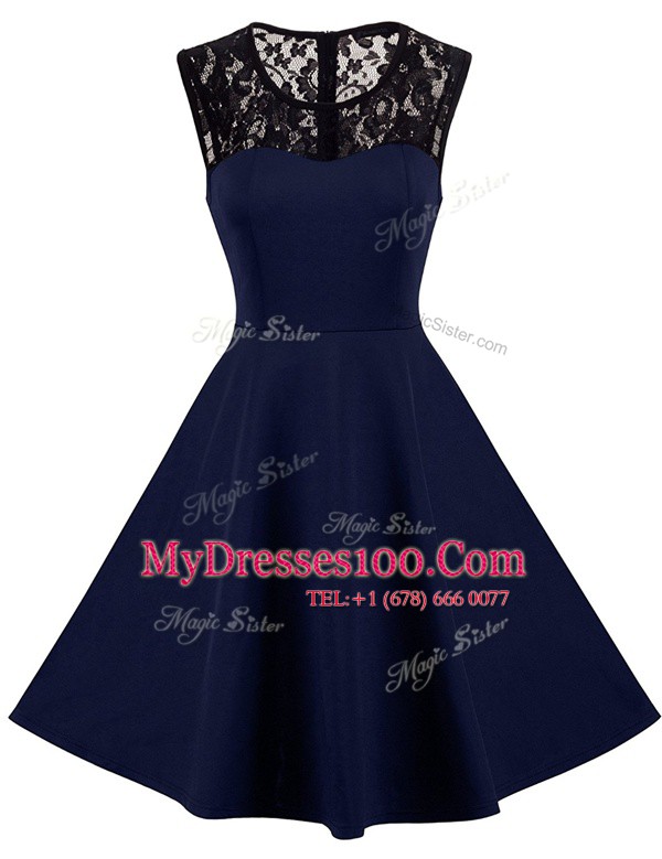 Great Scoop Navy Blue Zipper Prom Gown Lace Sleeveless Knee Length