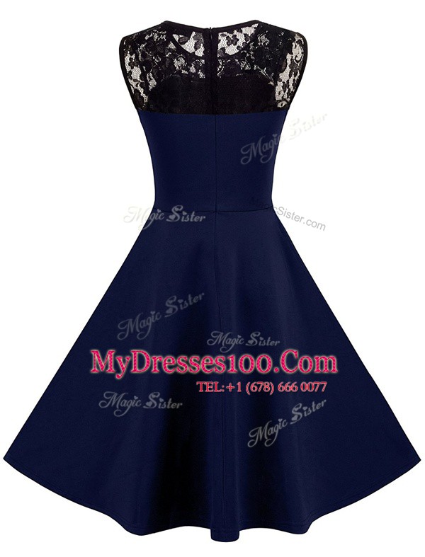 Great Scoop Navy Blue Zipper Prom Gown Lace Sleeveless Knee Length