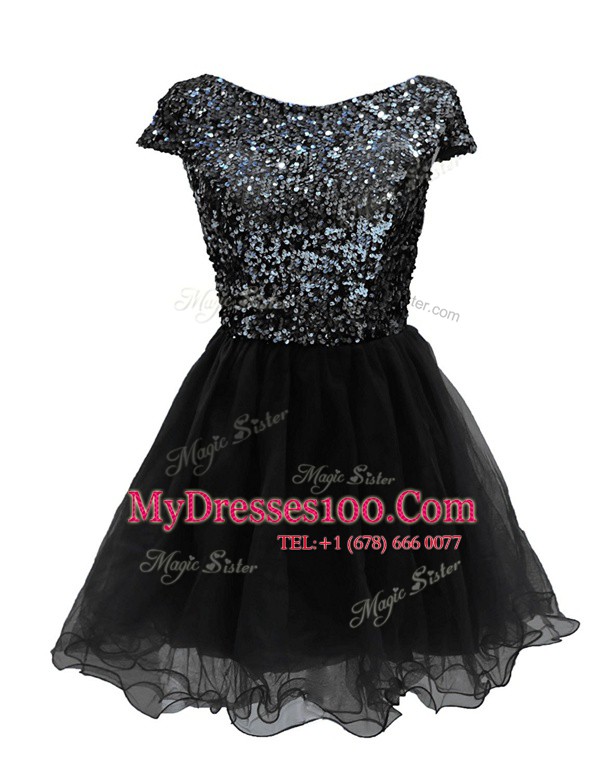 On Sale Black Bateau Neckline Sequins Evening Dresses Cap Sleeves Zipper