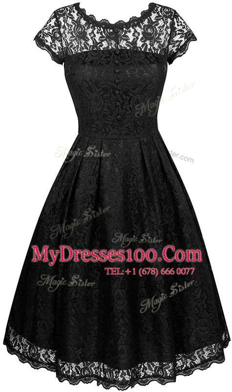 High End Scalloped Short Sleeves Chiffon Knee Length Zipper Party Dresses in Black with Lace