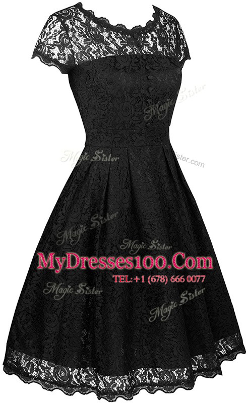 High End Scalloped Short Sleeves Chiffon Knee Length Zipper Party Dresses in Black with Lace
