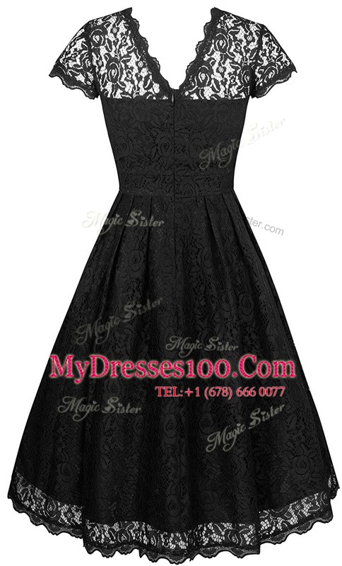 High End Scalloped Short Sleeves Chiffon Knee Length Zipper Party Dresses in Black with Lace