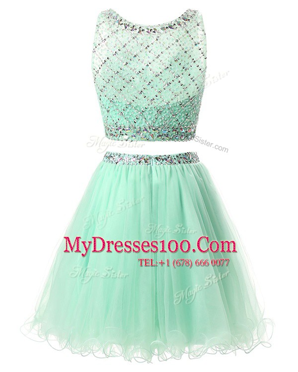 Excellent Sweetheart Sleeveless Prom Dresses Mini Length Beading and Belt Green Organza
