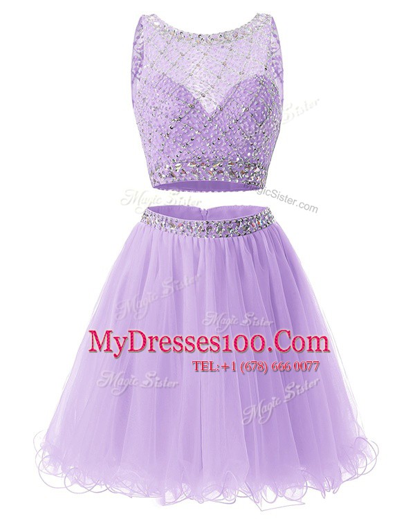 Lavender Sleeveless Beading and Belt Mini Length Evening Dress