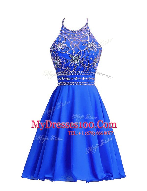 Sexy Knee Length Royal Blue Evening Dress Halter Top Sleeveless Zipper