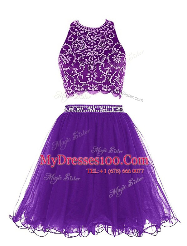 Nice Chiffon Scoop Sleeveless Clasp Handle Beading in Purple