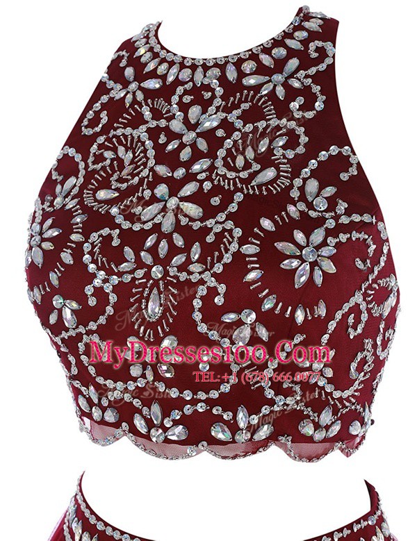 Scoop Sleeveless Chiffon Mini Length Clasp Handle in Burgundy with Beading