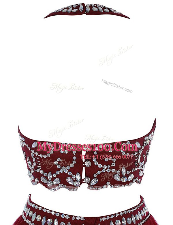 Scoop Sleeveless Chiffon Mini Length Clasp Handle in Burgundy with Beading
