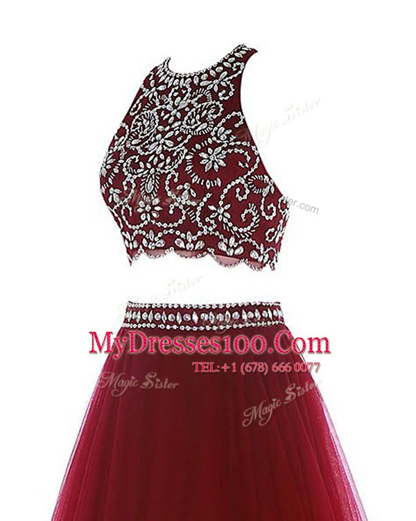 Scoop Sleeveless Chiffon Mini Length Clasp Handle in Burgundy with Beading