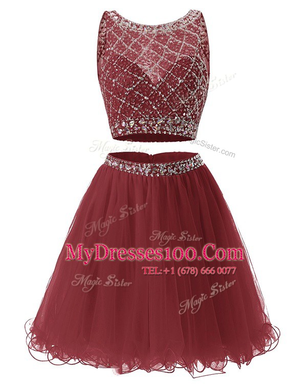 Sweetheart Sleeveless Prom Evening Gown Mini Length Beading and Belt Burgundy Organza
