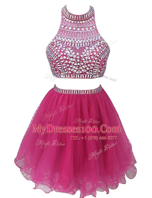 Romantic Fuchsia Empire Chiffon High-neck Sleeveless Beading Mini Length Zipper Prom Party Dress