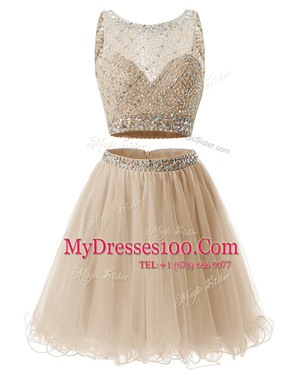 Champagne Organza Side Zipper Dress for Prom Sleeveless Mini Length Beading and Belt