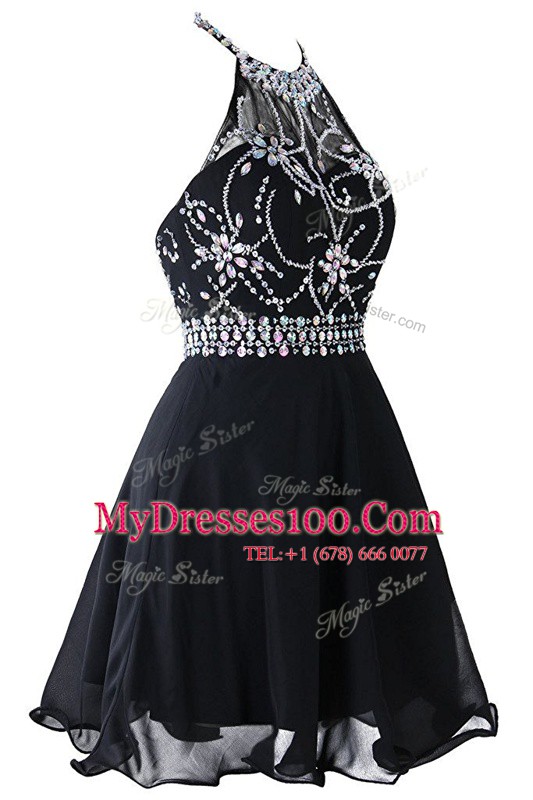 Amazing Scoop Sleeveless Organza Mini Length Zipper Homecoming Dress in Black with Beading and Belt