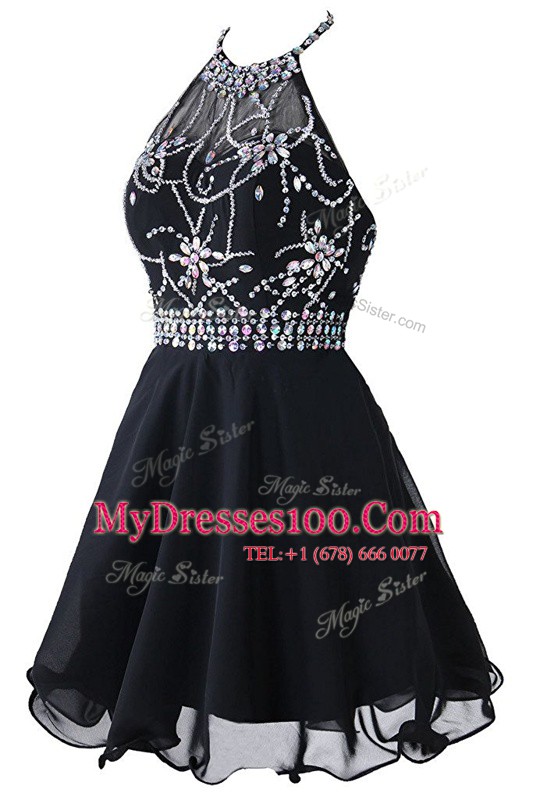 Amazing Scoop Sleeveless Organza Mini Length Zipper Homecoming Dress in Black with Beading and Belt