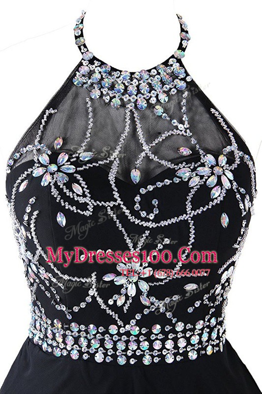 Amazing Scoop Sleeveless Organza Mini Length Zipper Homecoming Dress in Black with Beading and Belt