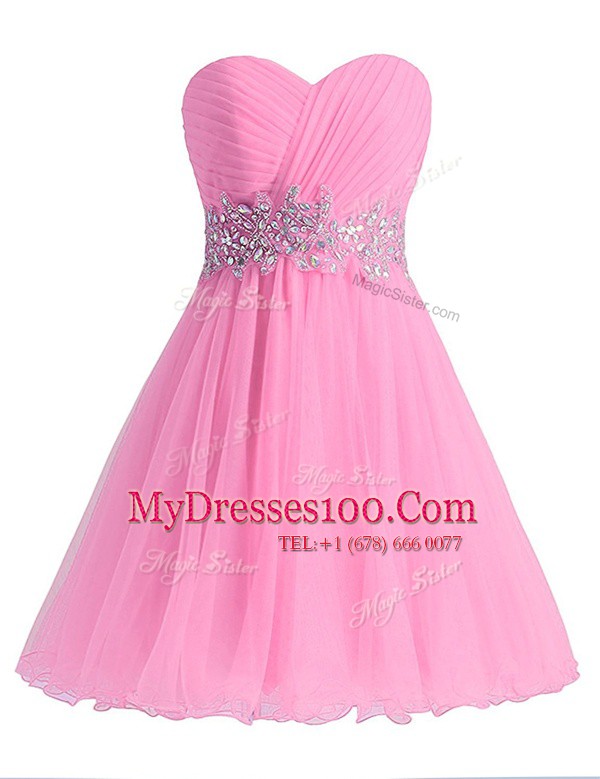 Rose Pink Lace Up Sweetheart Beading and Ruching Prom Party Dress Chiffon Sleeveless