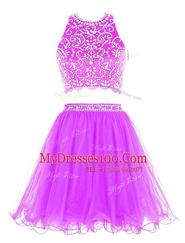 Scoop Purple Empire Beading Party Dress for Toddlers Clasp Handle Chiffon Sleeveless Mini Length